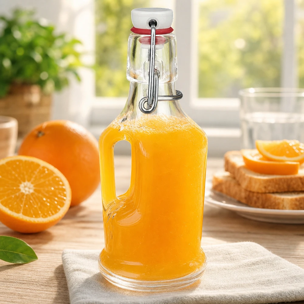 Botella de cristal UNiTW Bertha 200ml llena de zumo de naranja junto a naranjas frescas y tostadas escena de desayuno swing top