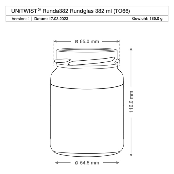 Tarro redondo de 382ml sin tapa (TO66) UNiTWIST UNiTWIST Runda382 vaso redondo 382ml TO66 dibujo técnico con dimensiones Diámetro 65mm Altura 112mm Peso 185g