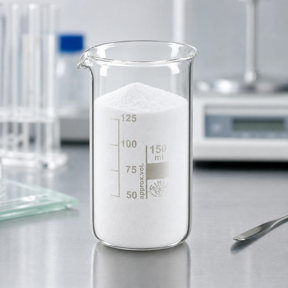 Vaso de precipitados de 150 ml, de forma alta, lleno de polvo blanco sobre una encimera de laboratorio de acero inoxidable