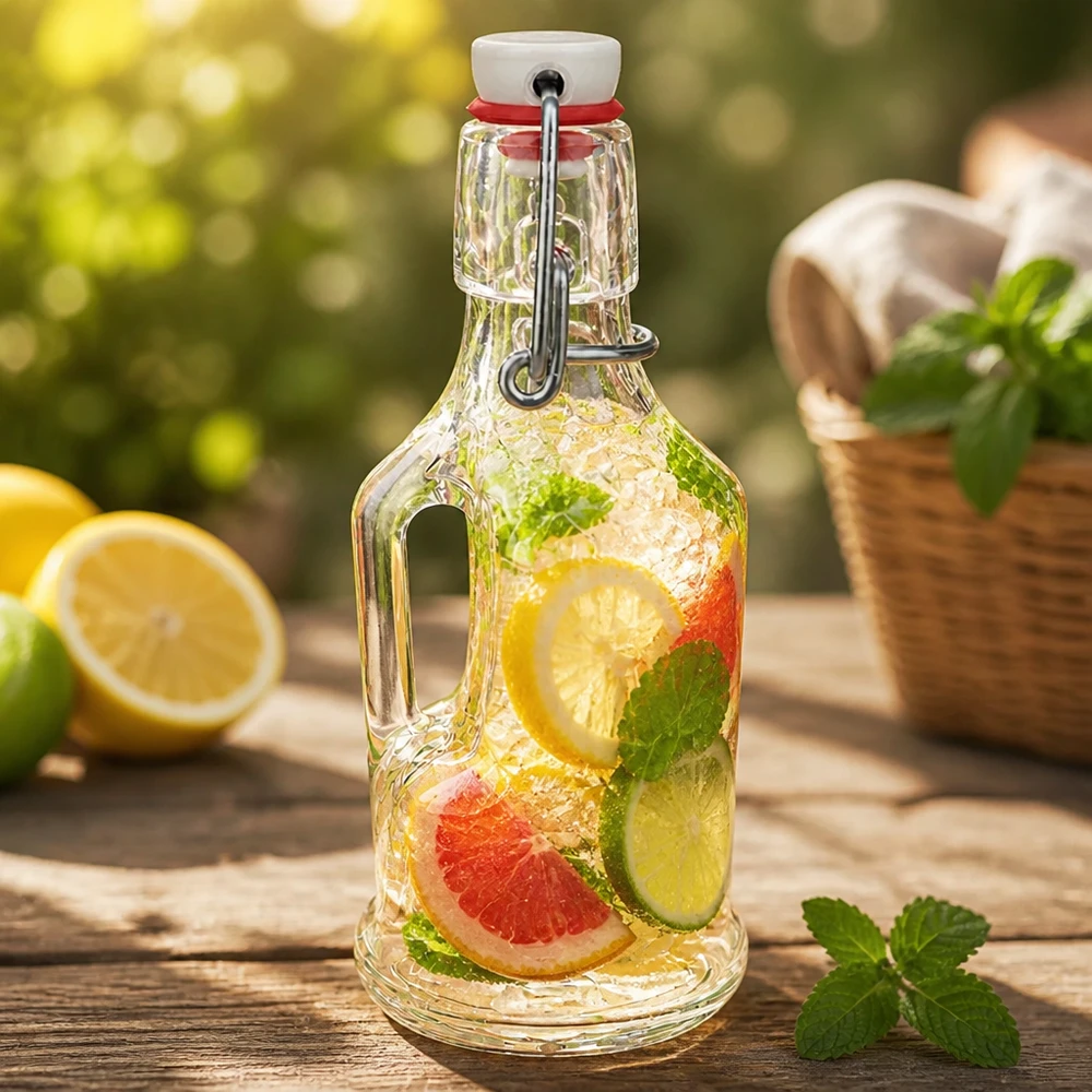 Botella de vidrio de 200 ml «Bertha» y tapón de PVC UNiTWIST® Botella de cristal de 200 ml Bertha con infusión de limón y pomelo, menta, swing top UNiTWIST, ambiente al aire libre