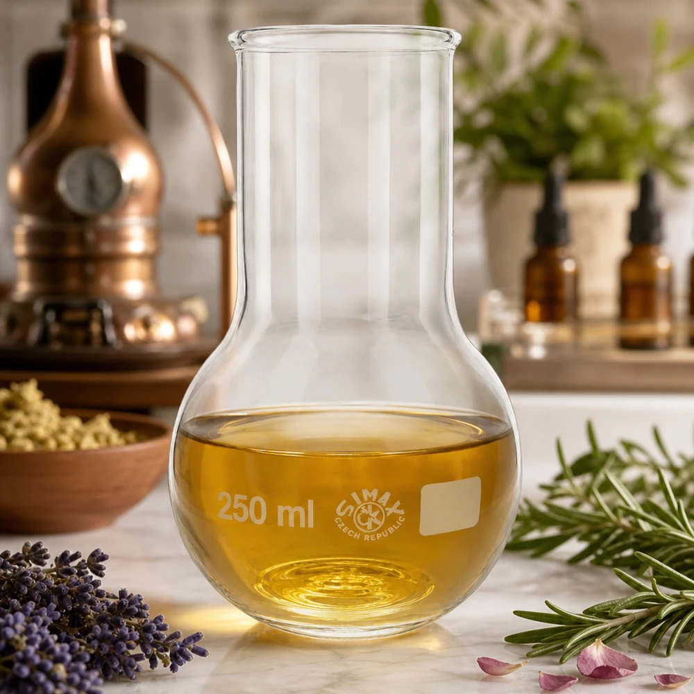 Matraz de 250 ml con contenido en oro y cuello ancho para destilación y experimentos de laboratorio