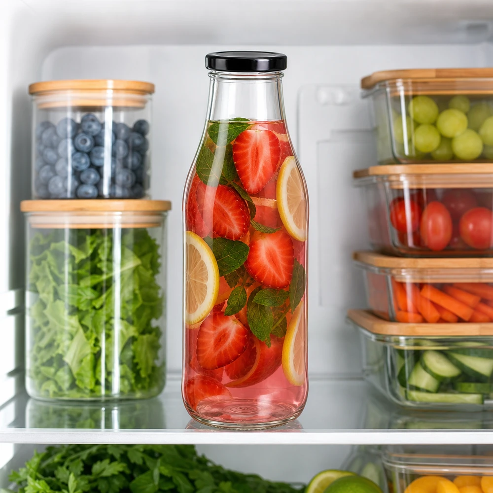 Botella de vidrio de 1000 ml + tapa BasicSeal negra UNiTWIST 1000ml Glasflasche mit Erdbeer-Zitronen-Getränk im Kühlschrank zwischen organisierten Lebensmittelbehältern