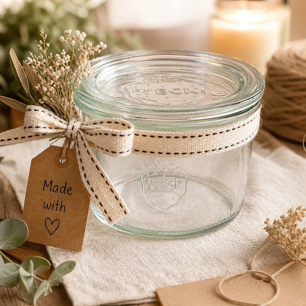 Vaso WECK 200ml RR80 de regalo decorado con lazo y etiqueta Made with Love