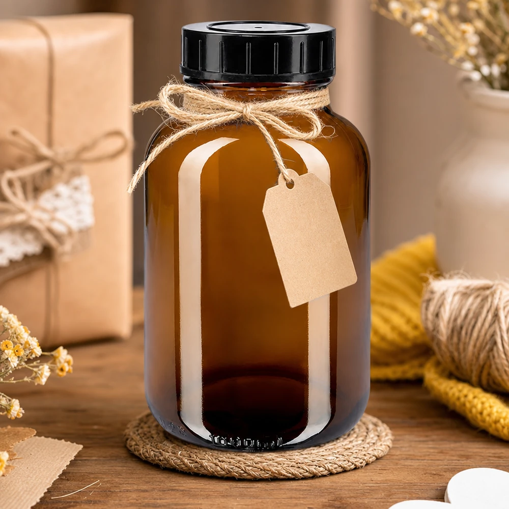 1000ml botella de cuello ancho de vidrio ámbar con tapón de rosca Botella de cuello ancho de 1000 ml de vidrio ámbar de alta calidad con protección UV y práctico tapón de rosca