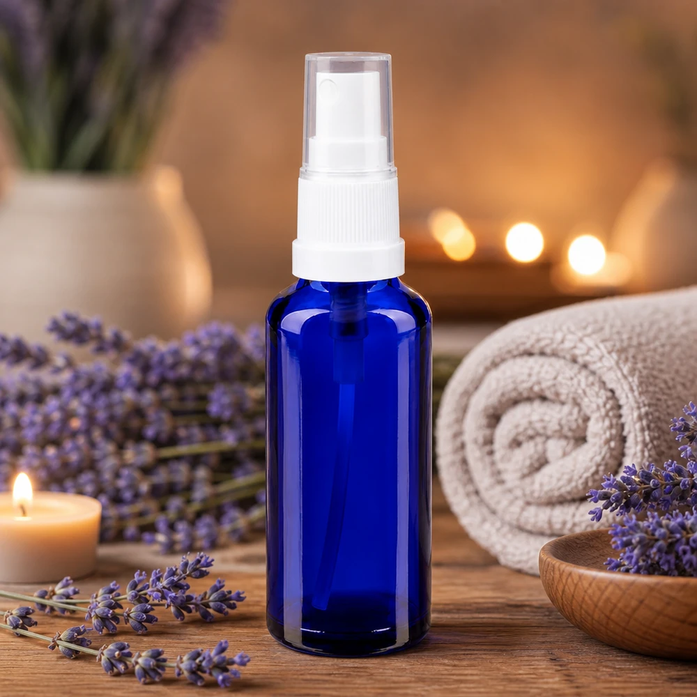 Botella de farmacia azul 30ml pulverizador blanco Pequeño frasco pulverizador de 30 ml, fabricado en vidrio de farmacia con protección UV, de color azul cobalto y con pulverizador blanco