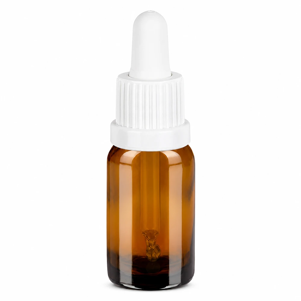 Frasco pipeta de vidrio ámbar de 10 ml con tapón blanco para dosificar líquidos con precisión