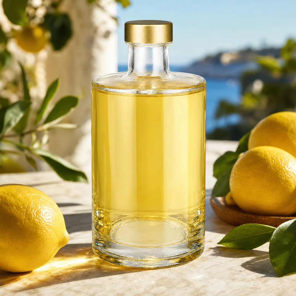 Botella de vidrio de 375 ml «Sam» + tapón de rosca dorado UNiTWIST® Botella de vidrio de 375 ml Sam con licor de cítricos tapón de rosca dorado UNiTWIST limoncello ambiente mediterráneo