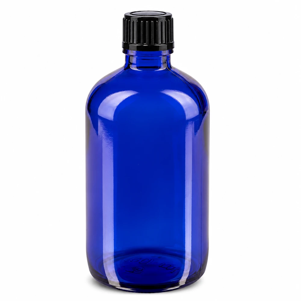 Frasco de farmacia de cristal azul de 100 ml con tapón de rosca negro y dosificador de gotas de 1 mm