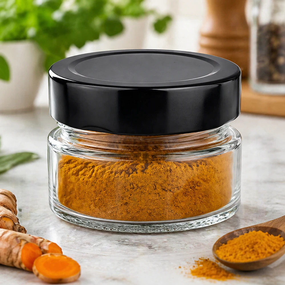 Tarro redondo de 80 ml con tapa negra BasicSeal lleno de cúrcuma en polvo Especias Entorno de cocina Ejemplo de uso