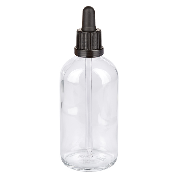 Frasco pipeta 100ml cierre inviolable negro ClearLine UT18/100 Frasco con pipeta de cristal transparente de 100 ml con tapón cuentagotas negro, serie ClearLine UT18