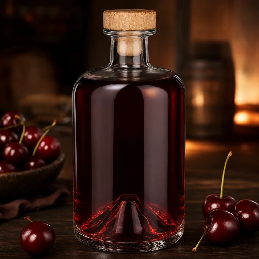 Botella de farmacia de 500 ml «Sofia» con tapón de corcho con asa de madera UNiTWIST® Botella de cristal Sofía de 500 ml con tapón de madera llena de líquido de cereza roja rodeada de cerezas frescas Ambiente