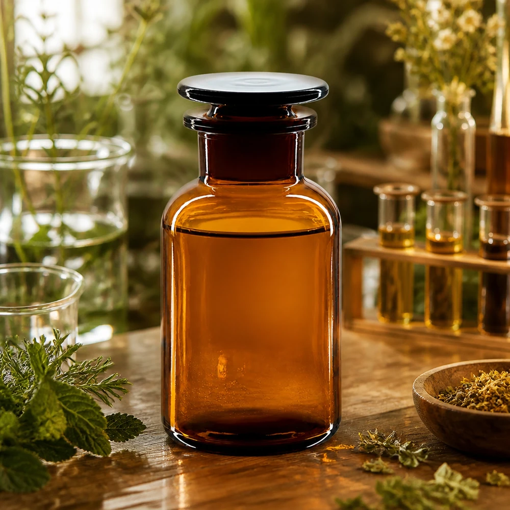 Botella de hombro redondo 250ml marrón cuello ancho tapón de vidrio Botella de vidrio ámbar de 250 ml, de cuello ancho y con tapón de vidrio plano, sobre una mesa de madera con hierbas aromáticas