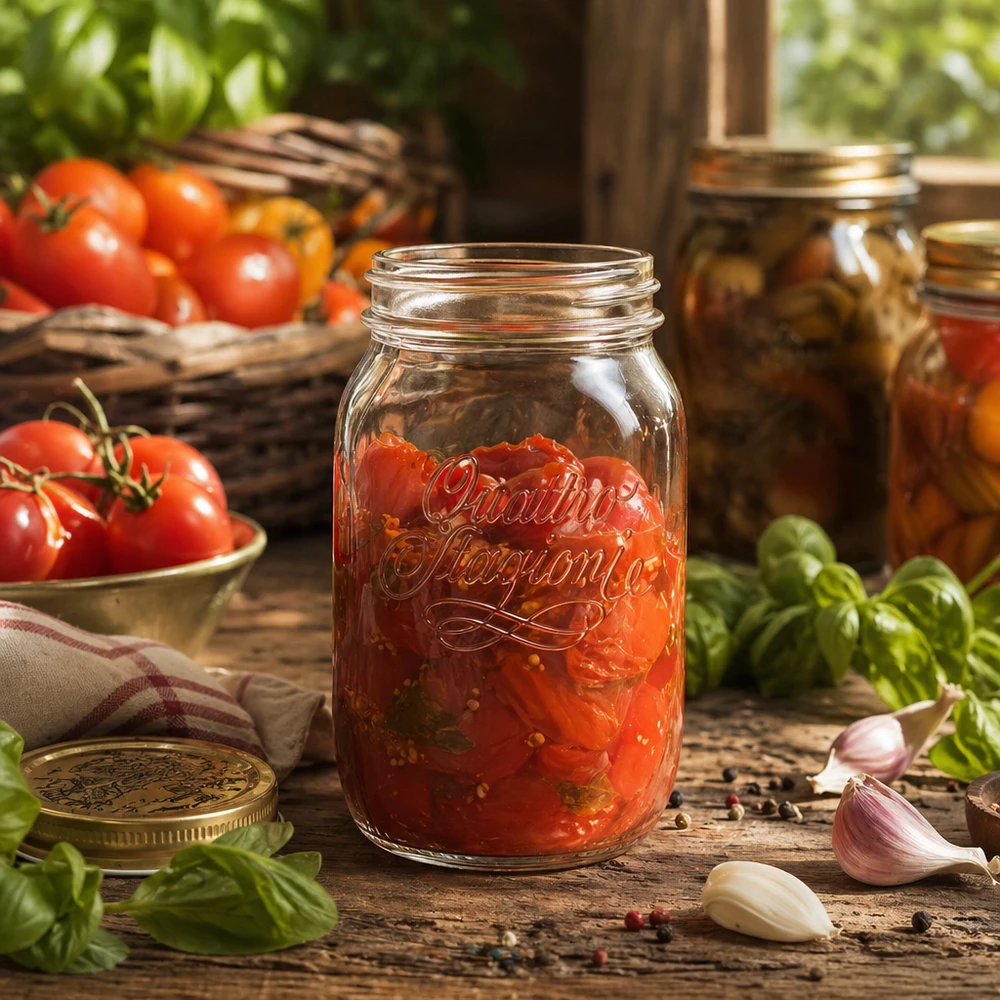 Tarro redondo 1000ml "Quattro Stagioni" QS86mm Tarro doméstico Quattro Stagioni de 1000 ml lleno de salsa de tomate sobre una mesa de madera con tomates frescos y albahaca