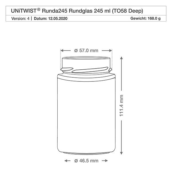 UNiTWIST Runda245 vaso redondo 245ml TO58 Deep dibujo técnico con dimensiones 57mm diámetro 111.4mm altura 168g