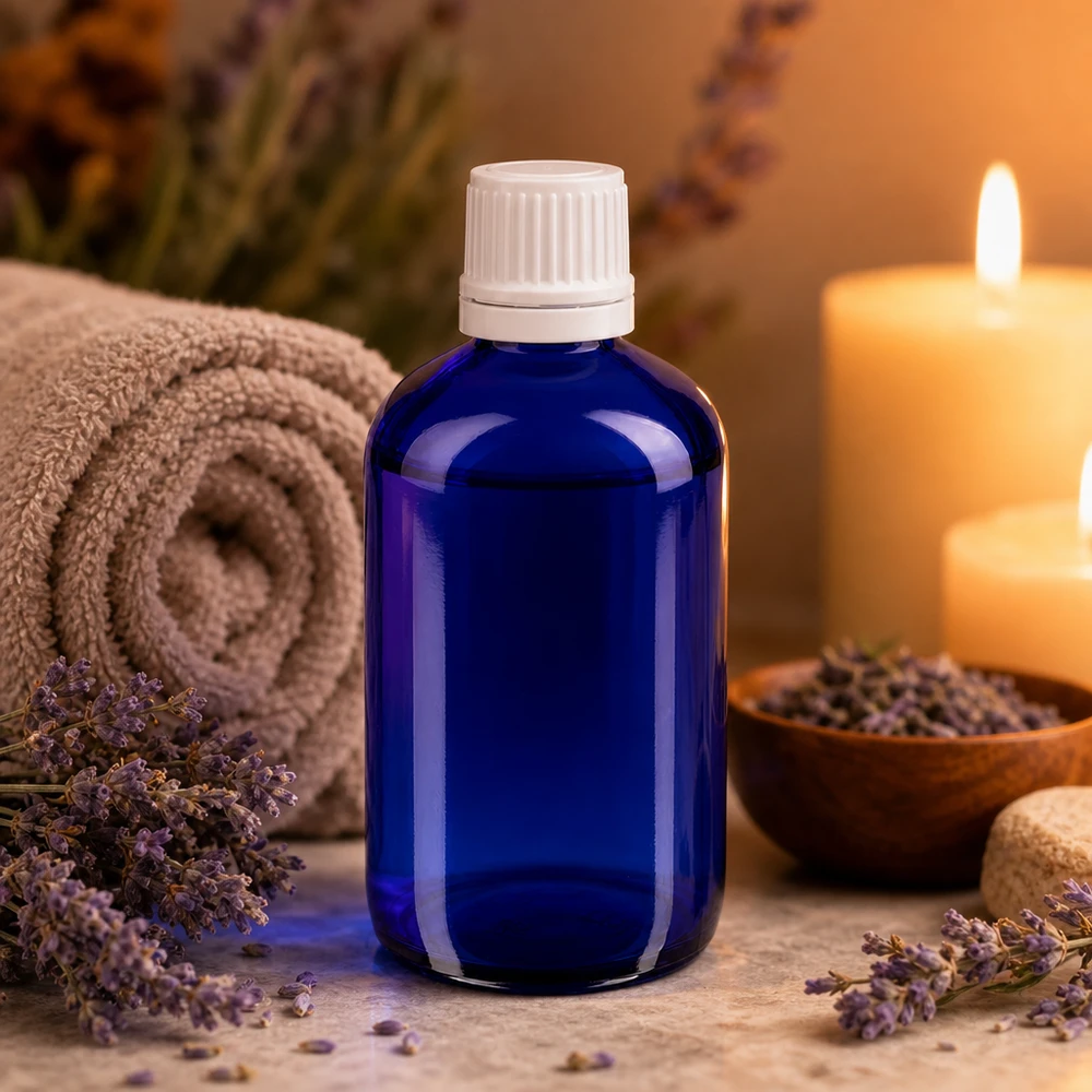 Botella de farmacia azul 100ml tapón de rosca blanco cierre inviolable Botella de cristal azul de 100 ml con tapón cuentagotas blanco, rodeada de flores de lavanda y velas