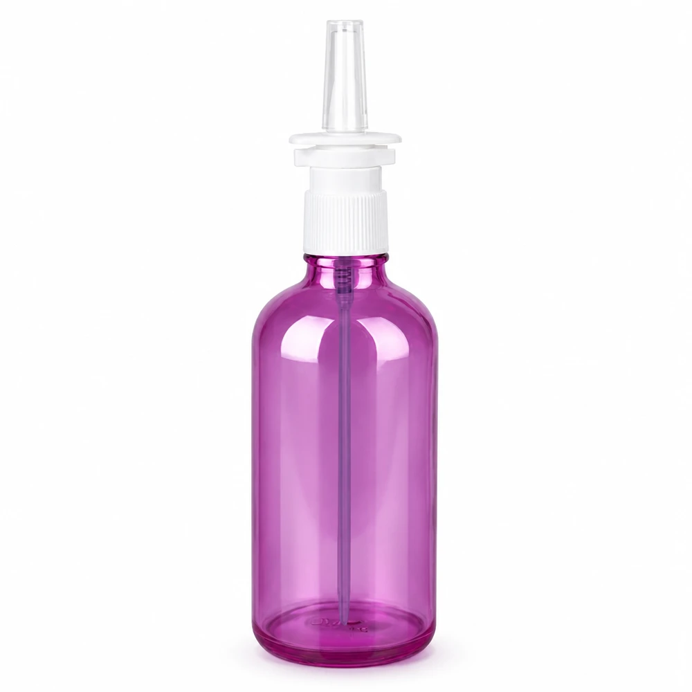 Frasco pulverizador nasal de 100 ml púrpura transparente con accesorio pulverizador blanco rosca UT18 PurpleLine