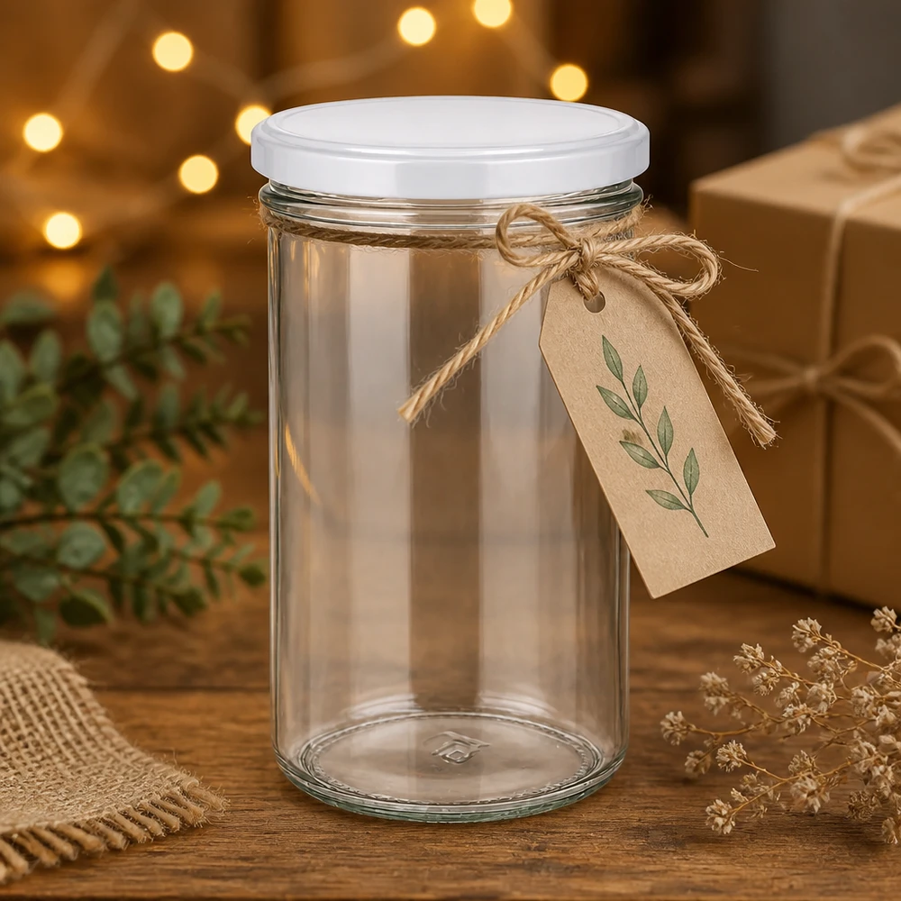 Tarro de albañil vacío de 277 ml con tapa blanca como idea de regalo decorado con una etiqueta de papel kraft y cinta de yute