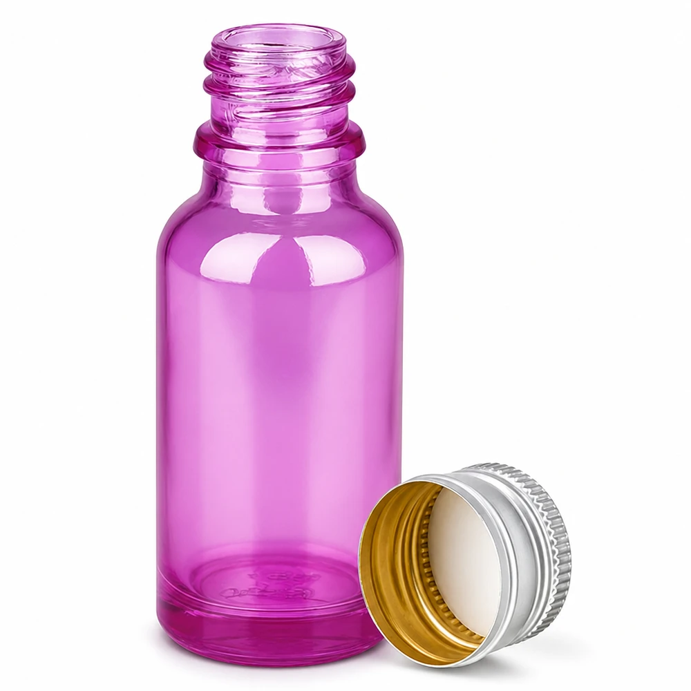 Frasco de vidrio violeta de 20 ml con tapón de rosca de aluminio plateado para aromaterapia y perfumes