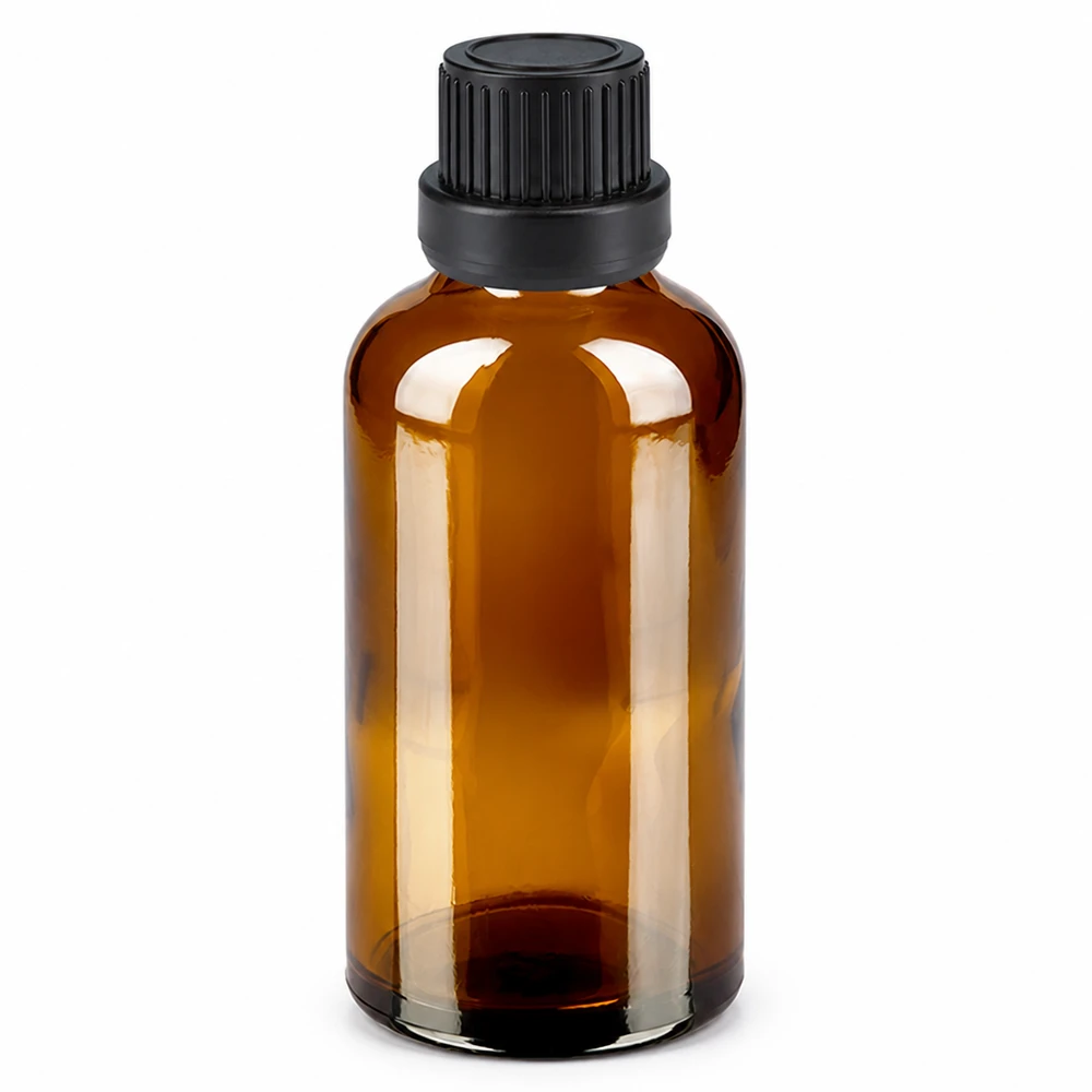 Frasco cuentagotas de cristal ámbar de 50 ml con tapón negro para aceites esenciales y cosméticos