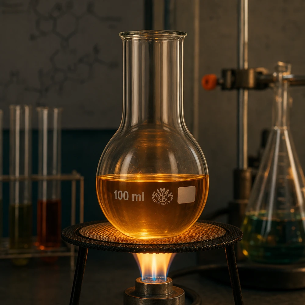 Matraz de fondo redondo de 100 ml con cuello ancho sobre calentador de laboratorio para controlar la temperatura