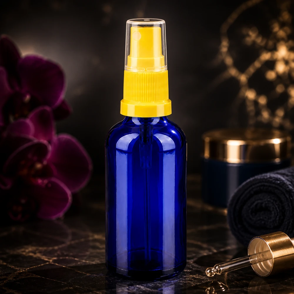 Frasco pulverizador pequeño de 50 ml de vidrio azul con protección UV y rosca estándar UT18 para sueros