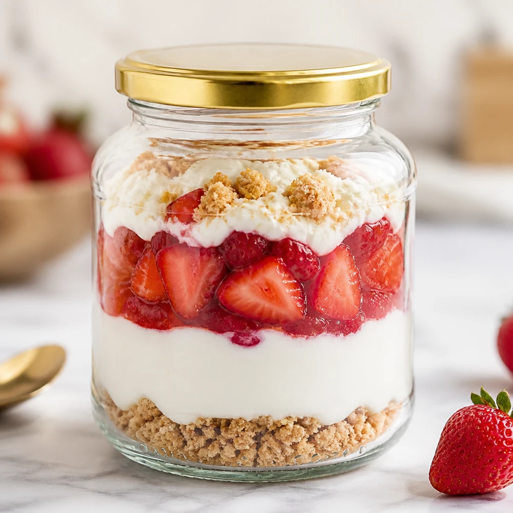 Tarro ovalado 370ml con tapa BasicSeal oro UNiTWIST Tarro ovalado de 370 ml con tapa dorada BasicSeal UNiTWIST relleno de postre de fresas en capas en un tarro de almacenaje