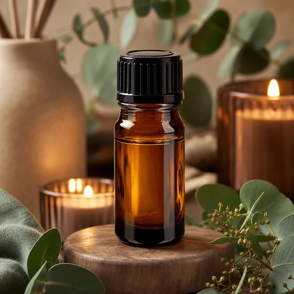 Pequeño frasco de cristal de 5 ml de color marrón ámbar con tapón de rosca negro entre ramas de eucalipto