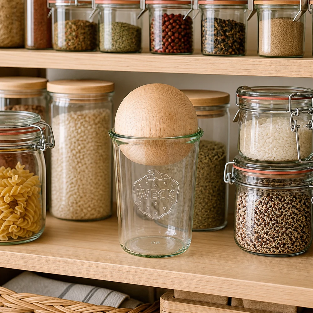 Tarro tulipa 850ml WECK RR100 con bola de madera haya WECK RR100 vasos 850ml con bola de madera de haya en una cocina de almacenamiento organizado entre tarros de especias y latas de almacenamiento.