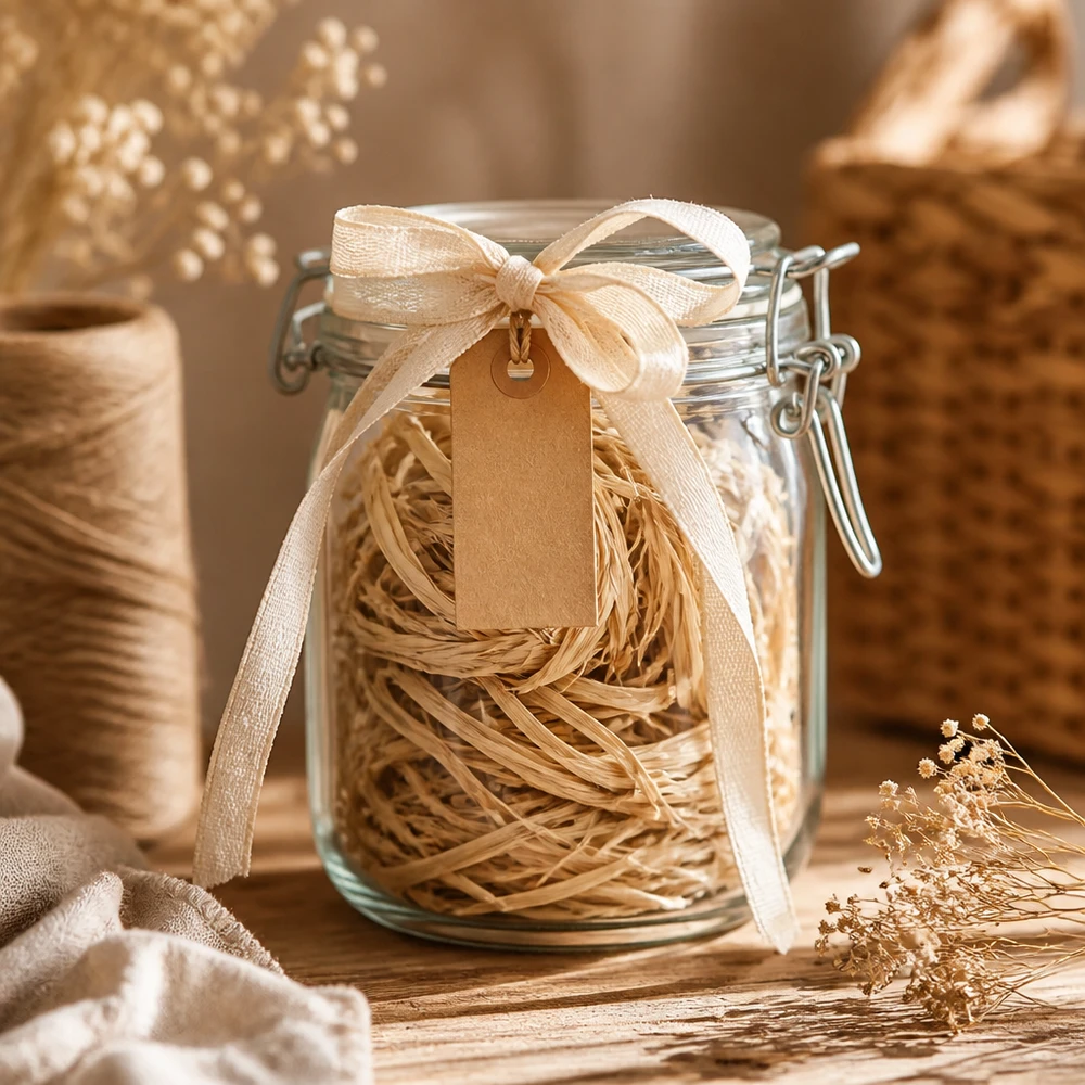 Rafia natural 30 g en un tarro de conserva con cinta y etiqueta como idea de regalo para proyectos creativos de manualidades y decoración