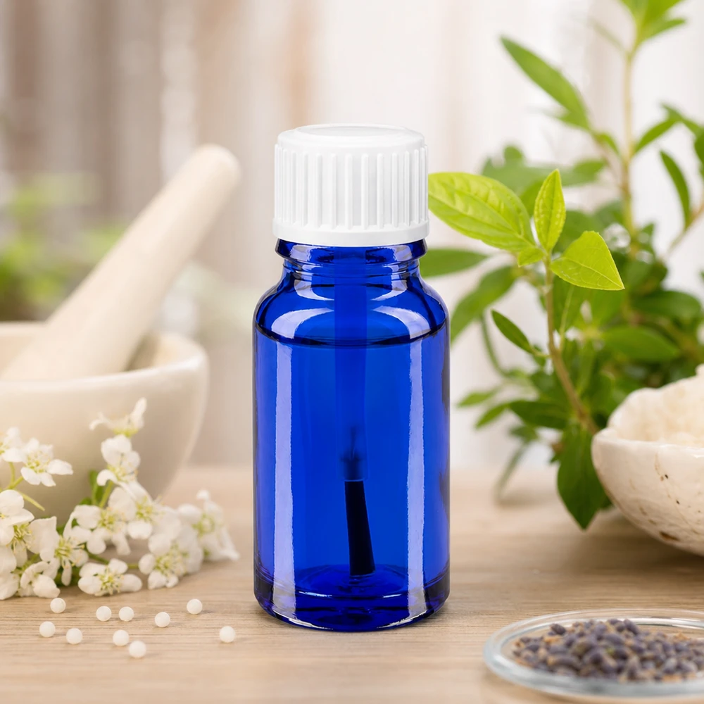 Botella de farmacia azul 10ml tapón rosca cepillo blanco Frasco de cristal azul de 10 ml con tapón blanco junto a hierbas frescas y flores en un entorno natural