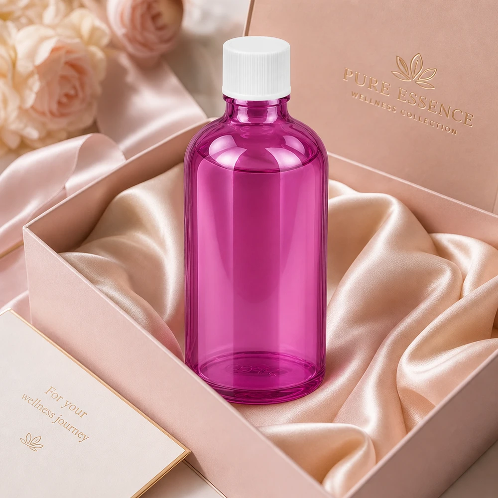 Frasco de 100 ml con tapón de rosca de 11 mm blanco estándar PurpleLine UT18/100 Frasco de vidrio de 100 ml de alta calidad en elegante color morado para aplicaciones profesionales de bienestar y belleza