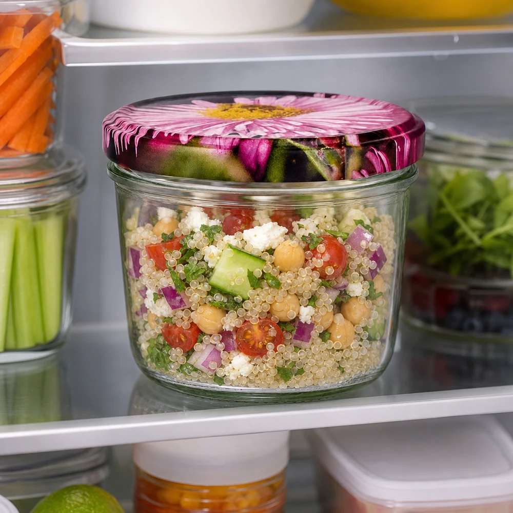 tarro de cristal de 230 ml con tapa de flor BasicSeal en el frigorífico, lleno de ensalada de quinoa y verduras para preparar la comida