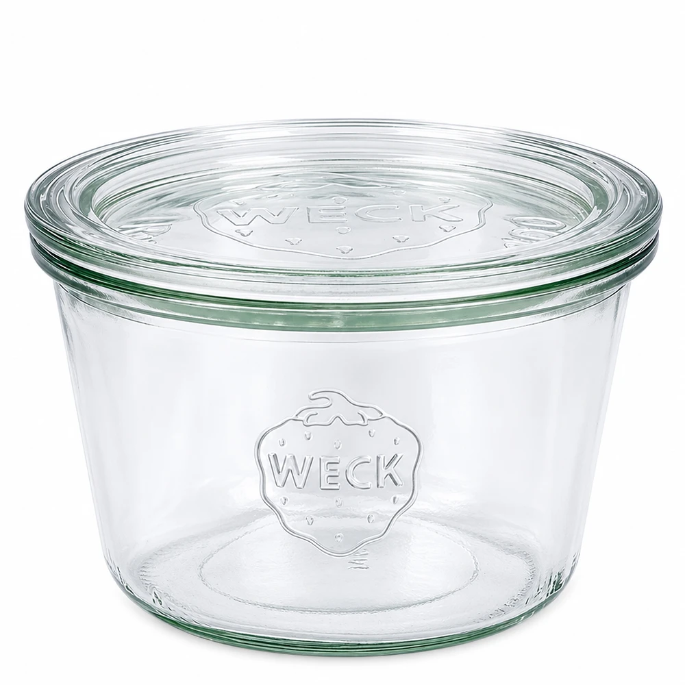 Tarro de cristal de 370 ml con tapa de cristal WECK RR100 WECK Tarro de 370 ml con tapa de cristal RR100 Tarro transparente con logotipo en relieve para conservas