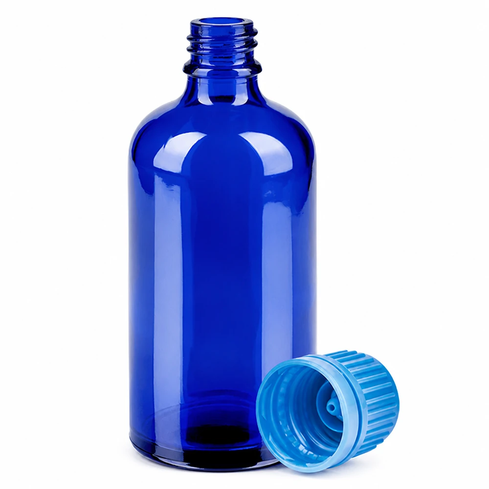 Botella 100ml 11mm tapón rosca azul cierre inviolable BlueLine UT18/100 Botella de vidrio azul de 100 ml con rosca UT18 y tapón de rosca azul para un almacenamiento seguro