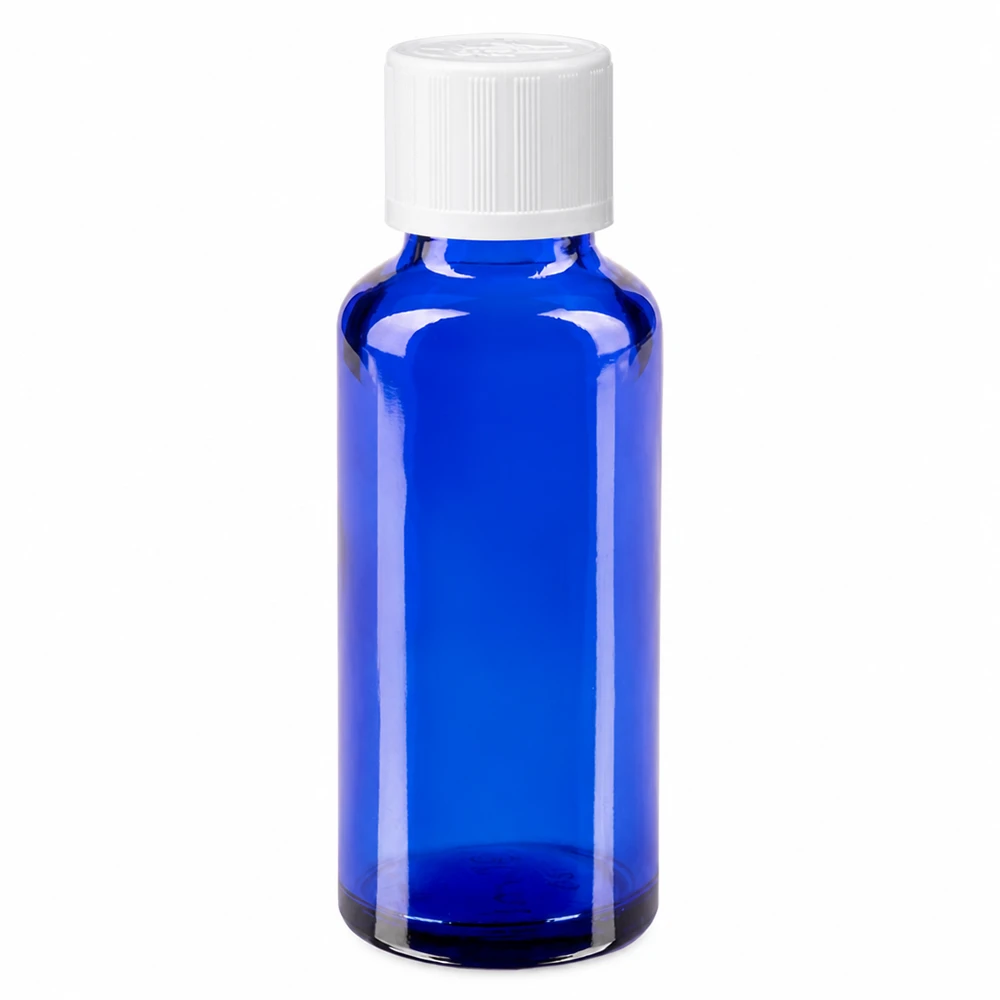 Frasco de farmacia de cristal azul de 30 ml con tapón de seguridad para niños de color blanco y dosificador de gotas de 1,2 mm