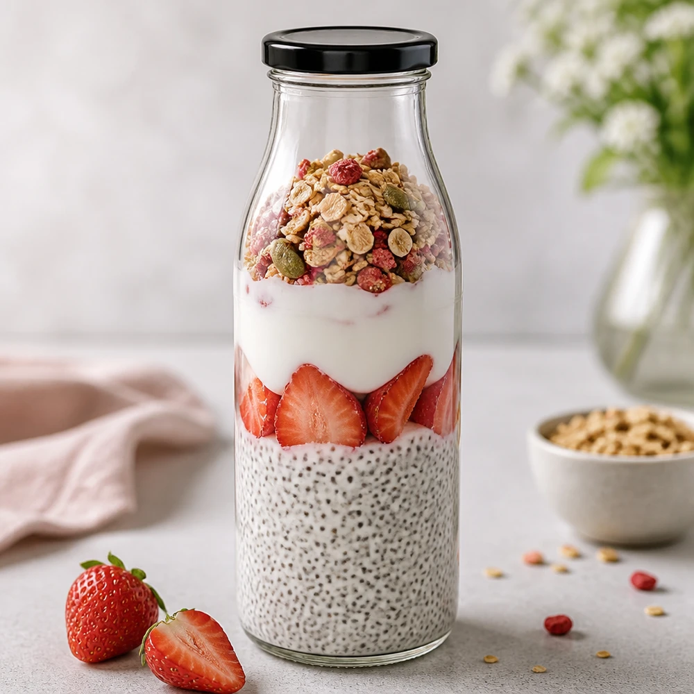 Botella de vidrio de 500 ml + tapa BasicSeal negra UNiTWIST Botella de cristal de 500 ml con tapa negra para el desayuno de pudin de chía con fresas y avena de muesli de la noche a la mañana