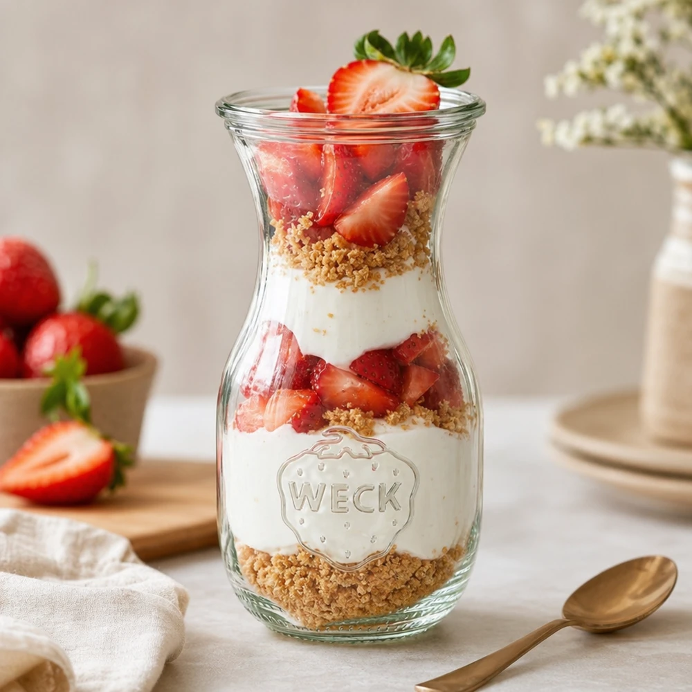 Botella para zumos de 290 ml con tapa de cristal WECK RR60 Botella de zumo WECK de 290 ml RR60 como tarro de postre con fresas, yogur y migas de galleta colocadas en capas sobre una mesa blanca