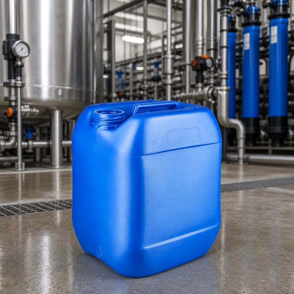 Bidón azul de 10 litros sin tapón, situado delante de una instalación de tratamiento de agua con sistema de tuberías
