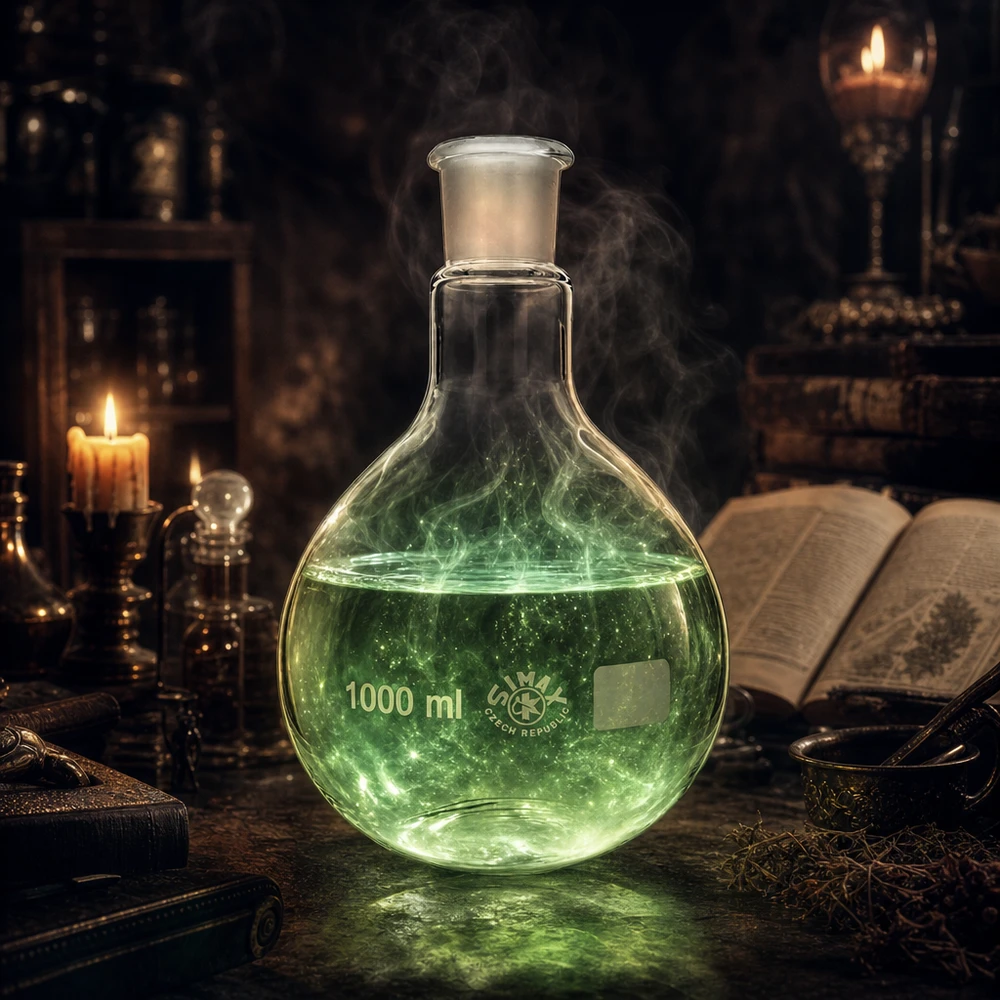 Frasco de laboratorio de 1000 ml de vidrio de borosilicato con sustancia verde y contenido de vapor para experimentos