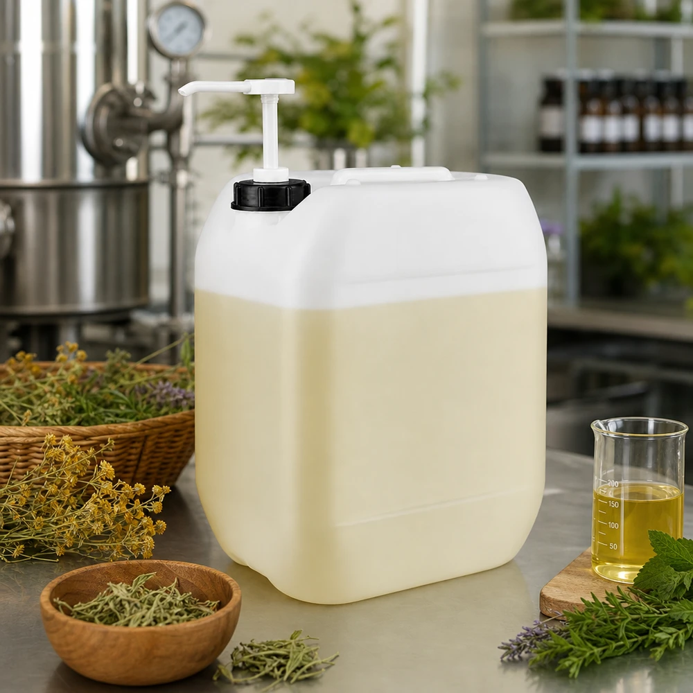Bidón de 10 litros de color crema con bomba dosificadora para cosmética natural y extractos vegetales