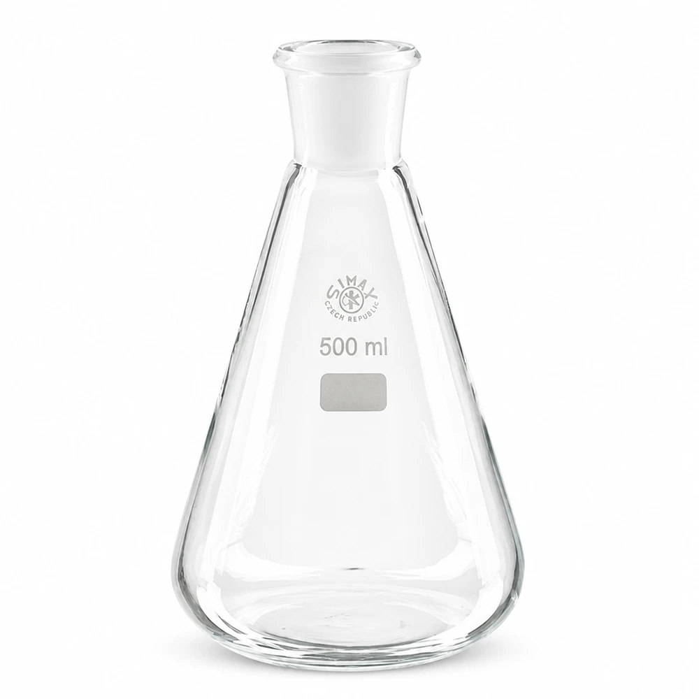 Matraz Erlenmeyer 500ml con junta esmerilada estándar (29/32) Matraz Erlenmeyer de 500 ml de vidrio borosilicato con junta esmerilada estándar 29/32 para aplicaciones de laboratorio