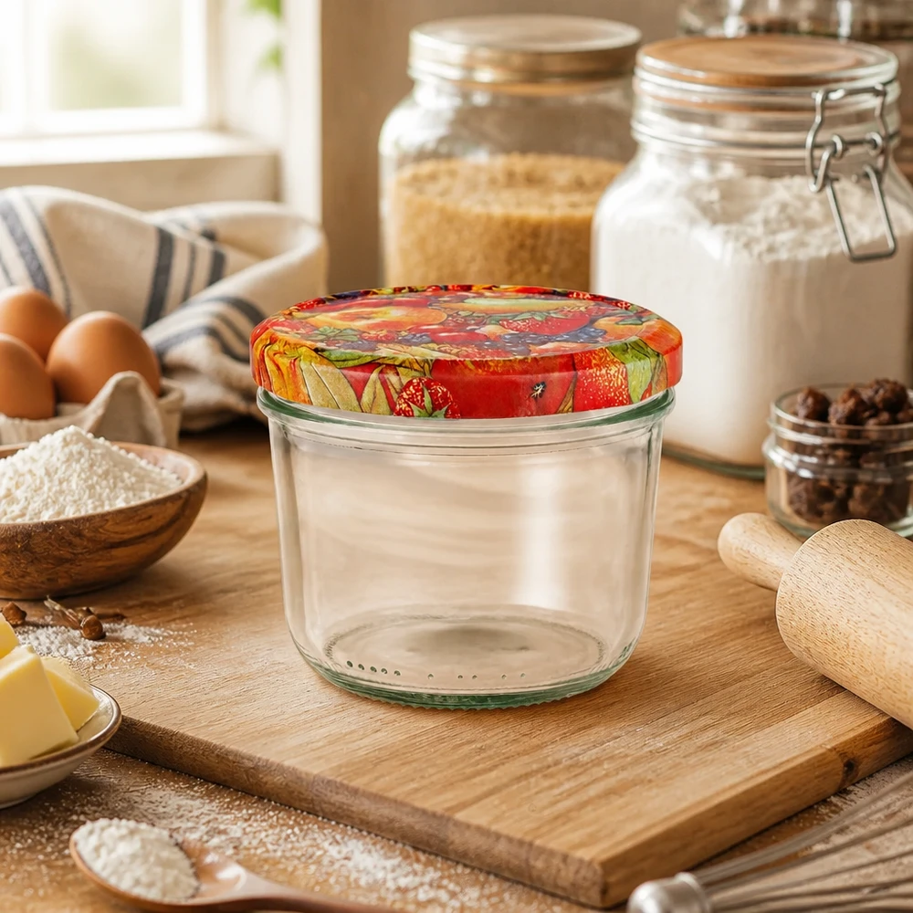 Vasos vacíos de 230 ml con tapa decorativa de frutas BasicSeal en la cocina sobre una tabla de madera junto a los ingredientes para hornear y los tarros de almacenamiento