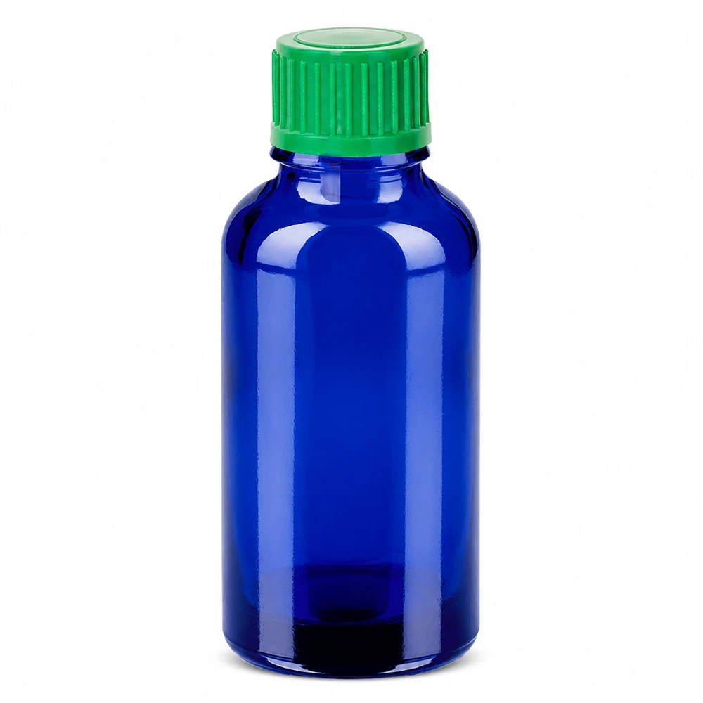 Frasco cuentagotas azul de 30 ml de vidrio con tapón verde para una dosificación precisa