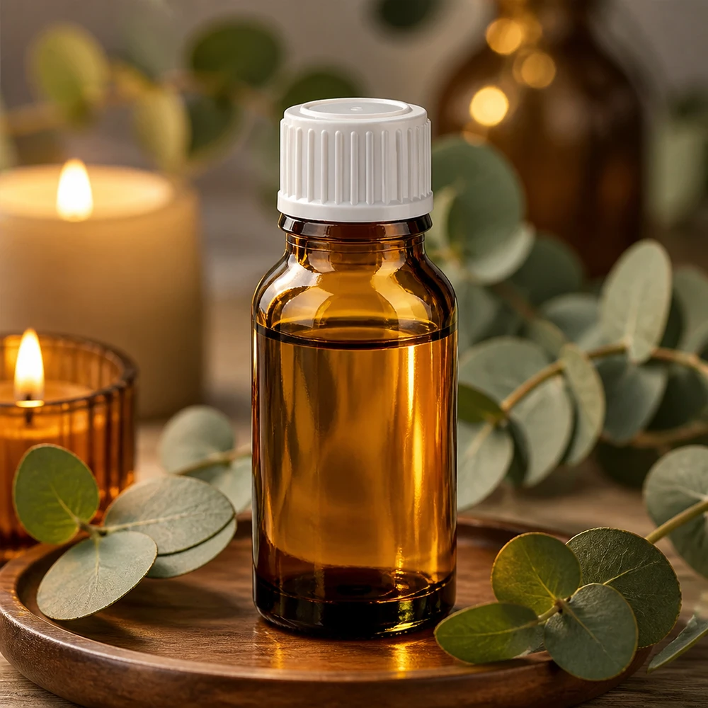 Pequeño frasco de farmacia de vidrio marrón de 15 ml con tapón de seguridad para niños de color blanco y aceites esenciales