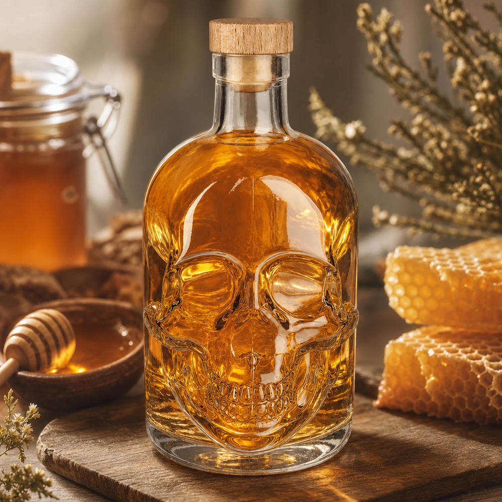 Botella de vidrio de 500 ml «Jack» con tapón de corcho con asa de madera UNiTWIST® Botella de cristal Jack 500ml con corcho de madera sobre tabla de madera, rodeada de panal y tarro de miel, iluminación cálida