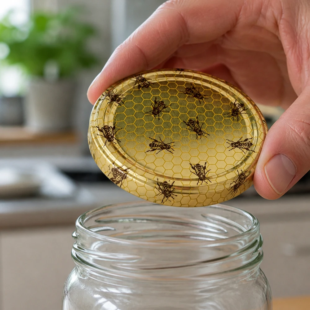 Tapa BasicSeal de 82 mm con diseño de panal de abeja (TO82) UNiTWIST La tapa de rosca BasicSeal UNiTWIST de 82 mm con estampado de panal de abeja se coloca sobre el tarro de conserva vacío