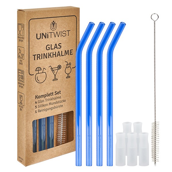 Juego de pajitas de vidrio azul con puntas blandas UNiTWIST Juego de pajitas de vidrio azul con puntas blandas UNiTWIST