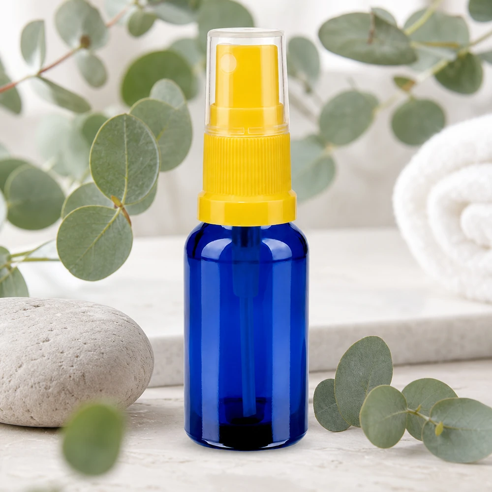 Frasco pulverizador de 20 ml amarillo/transparente tapa estándar BlueLine UT18/20 Pulverizador pequeño de 20 ml en azul cobalto con bomba amarilla BlueLine UT18/20