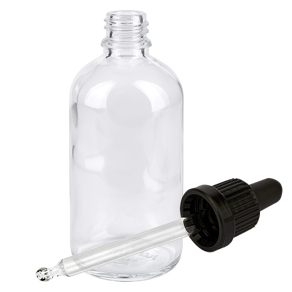 Frasco pipeta 100ml cierre inviolable negro ClearLine UT18/100 Frasco con pipeta de 100 ml de cristal transparente con gotero negro extraíble ClearLine UT18, calidad de laboratorio