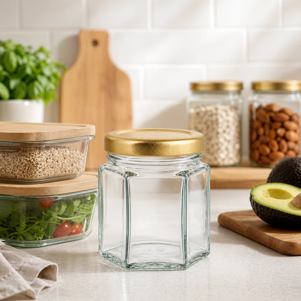 Tarro para miel de 60 g con tapa dorada BasicSeal UNiTWIST 60g tarro de miel hexagonal vacío en la cocina moderna con tarros de almacenamiento de aguacate y tabla de madera como decoración